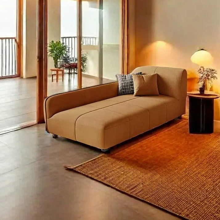 Méridienne moderne et simple en bois massif, Accoudoir à droite (vu de face), Orange chaud