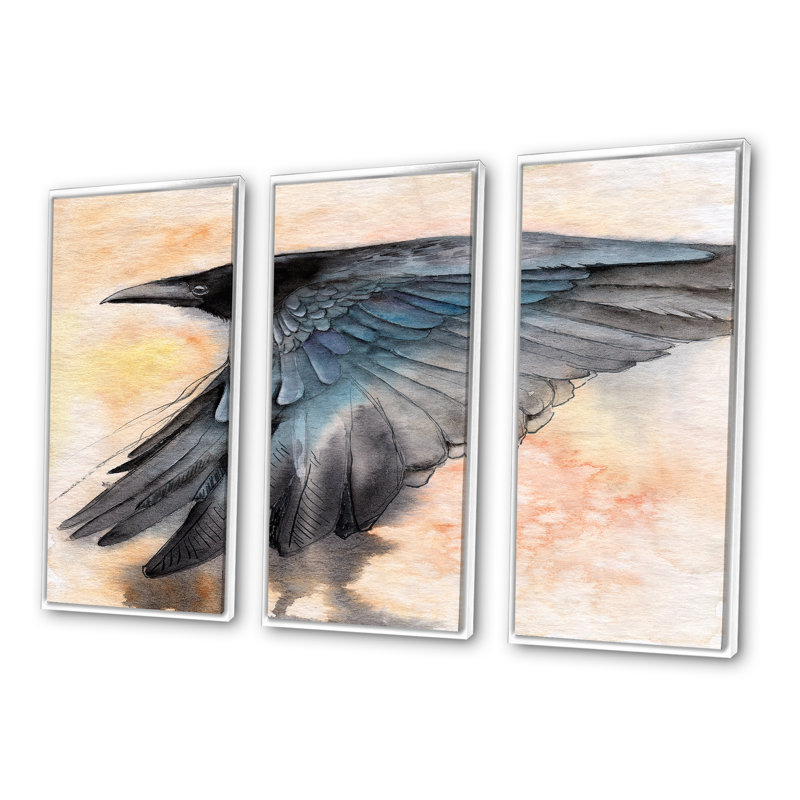 Raven noir déployant ses ailes - ensemble d'art mural sur toile traditionnel encadré de 3, H 20 po x l 36 po, Blanc
