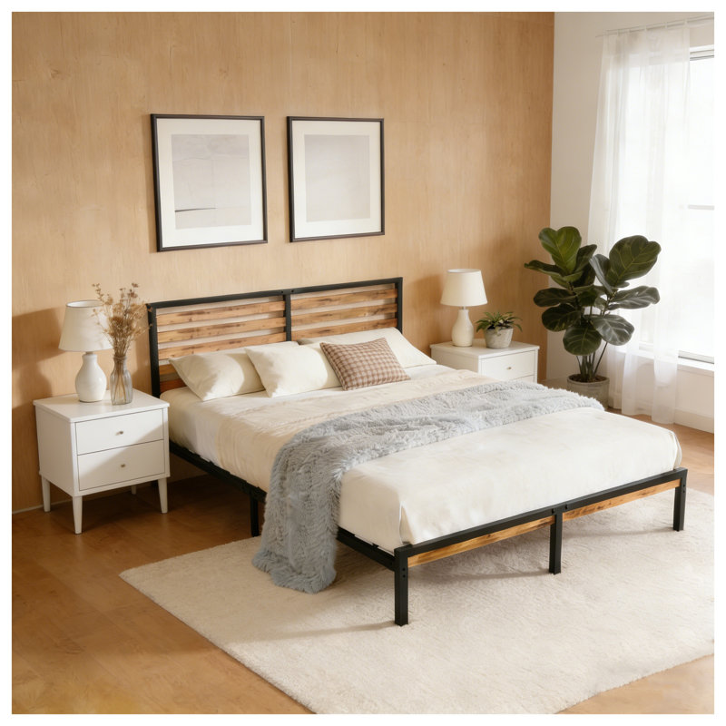 Structure de lit double en métal avec tête de lit en bois, style industriel rustique, brun et noir