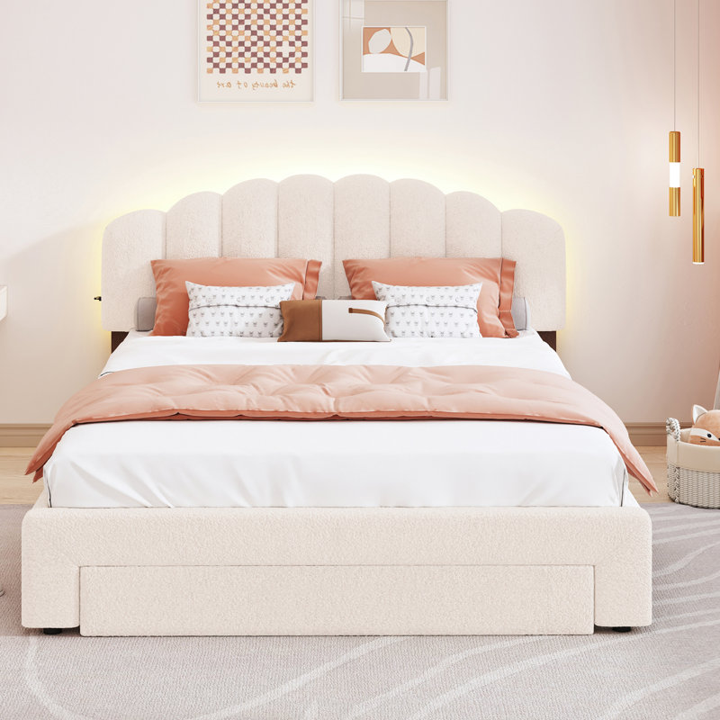 Lit plateforme en molleton avec tiroir et repose-pieds confortable