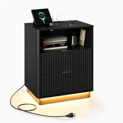 Fluted bedside table with Charging Station & LED Light - 2 Drawer Modern Bedside Table - Curved Mid Century Design - Large Storage - Black - US Standard
