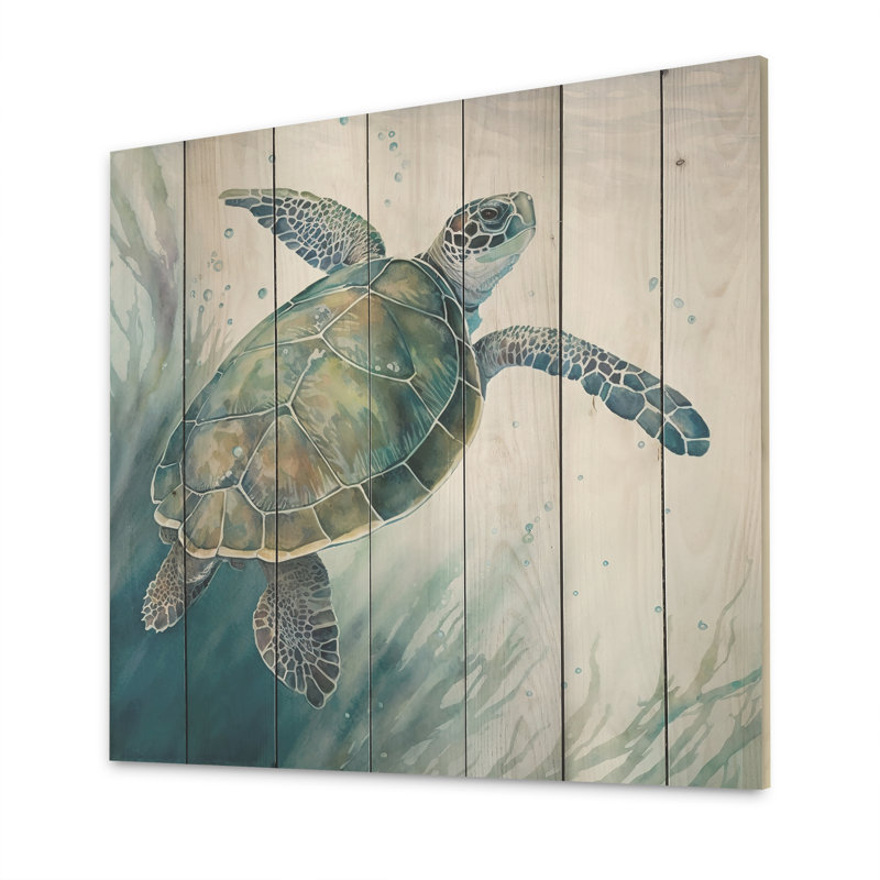 Tortue aquarelle nageant I - impression sur bois, L 16 po x H 16 po x P 1 po
