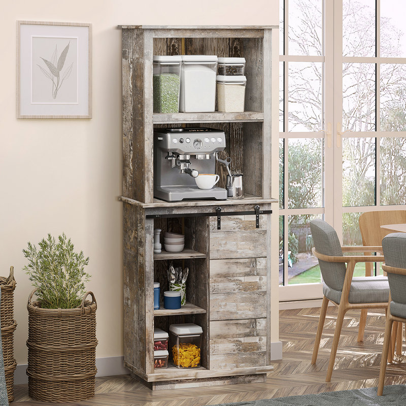 Freestanding Rustic Kitchen Buffet With Hutch, Sliding Barn Door, Adjustable Shelf, And Vintage Wood Finish