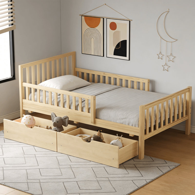Curits 2 Drawers Platform Bed with Guardrails, Twin, Natural