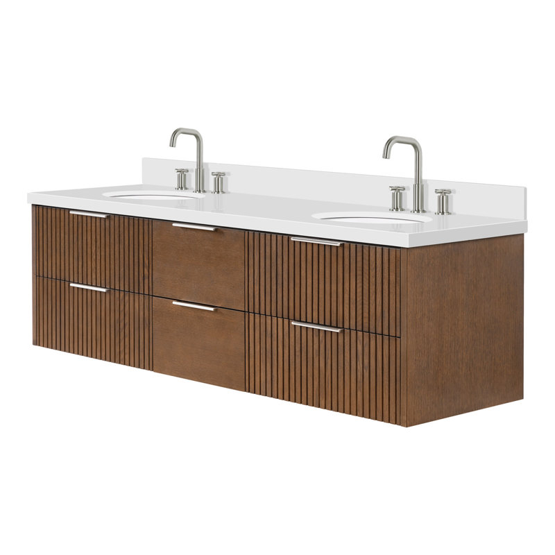 Meuble-lavabo mural ovale double avec comptoir en quartz blanc pur 1,5 po Mulloy, Ovale, Chêne brun