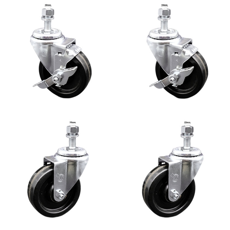 Ensemble de roulettes à tige filetée en acier inoxydable de 4 pouces pivotant 12 mm et 2 freins SCC
