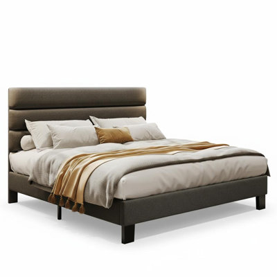 Grey King Size Platform Bed Frame, Adjustable Linen Upholstered Headboard, Wooden Slats, No Box Spring Needed