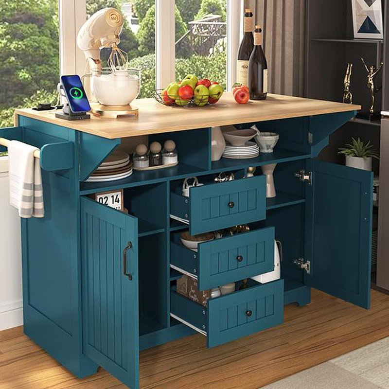 Grand îlot de cuisine 55,7 po avec 2 abattants, chariot de cuisine roulant sur 5 roulettes avec prise de courant, table de salle à manger pliante avec porte-épices et porte-serviettes, 3 tiroirs, pour la cuisine, la salle à manger, vert