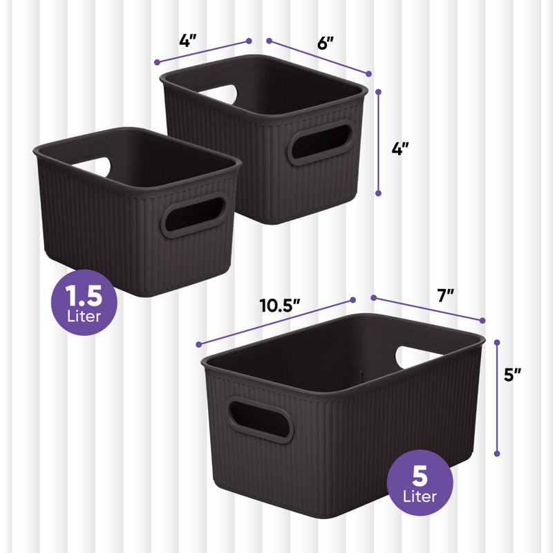 Ribbed 3 Piece Plastic Bin Set, Brown