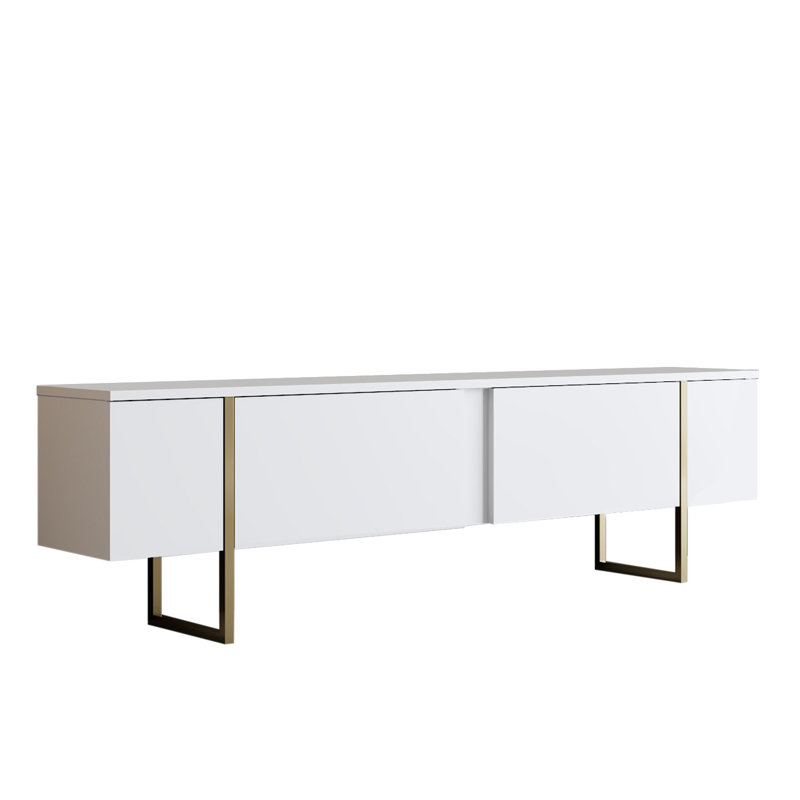 Modern White and Gold TV Stand, 70.9 x 11.8 x 19.7 inches | 100% Melamine Coated Particle Board, 0.7 inch Thickness | Stylish Metal Legs | Perfect for Living Room & Entertainment Spaces, Glam Design