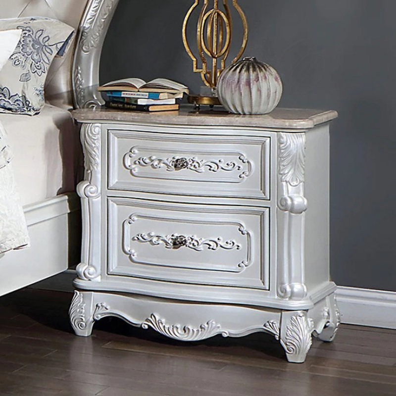 Table de chevet ronde à 2 tiroirs Pearl White Traditional