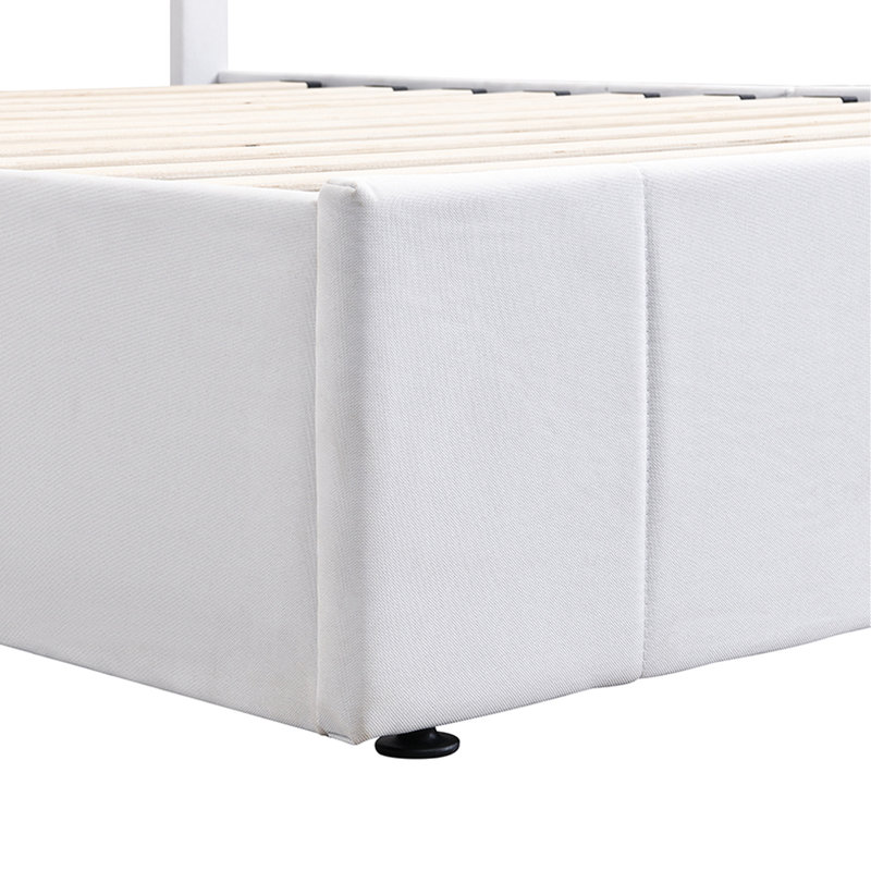 Lit double tapissier pleine grandeur avec rangement hydraulique - blanc. Structure en contreplaqué stable, 12 lattes. Pas de sommier tapissier. Revêtement en lin délicat. Capacité de poids de 400 lb. Matelas L 78,3 po x l 57,4 po x H 45,5 po