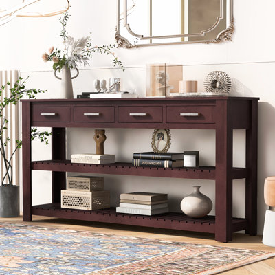 Élégante console en U pour le salon, 4 tiroirs et 2 tablettes, esthétique minimaliste rétro et bois de pin, petite entrée de rangement avec look, guide d'installation facile