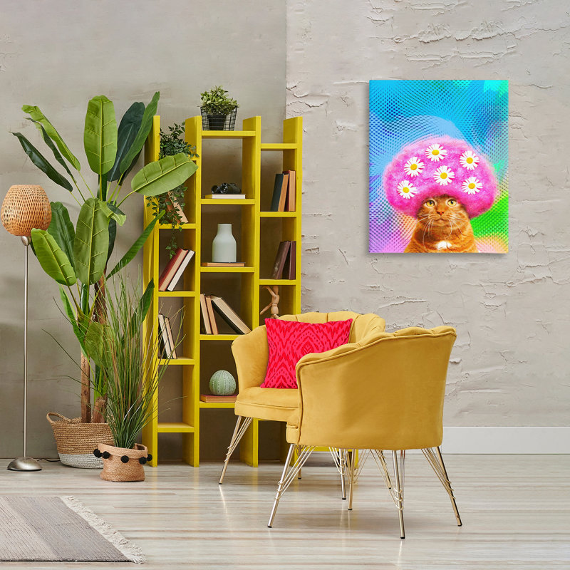 «Groovy Daisy Wig Cat», art mural sur toile par Michael Quackenbush, H 30 po x l 24 po
