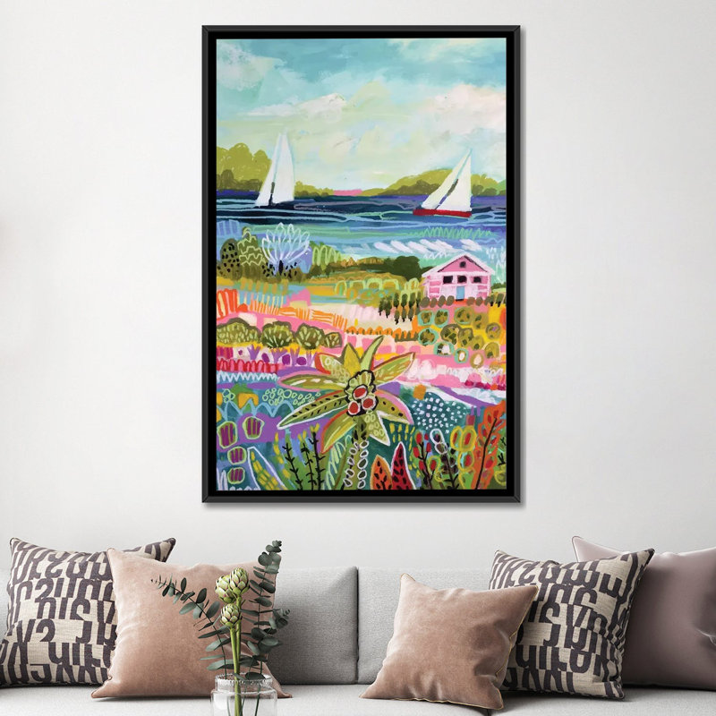 «Two Sail Sailers and Cottage I», impression sur toile, H 26 po x l 18 po x P 1,5 po, Toile avec cadre noir, Pas de tapis