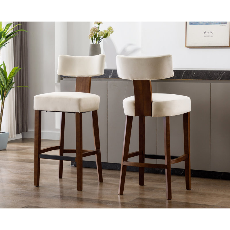 Mid Century Modern Bar Stools Farmhouse Upholstered Chairs With Curved Backrest Kitchen Bar Chairs, Cream