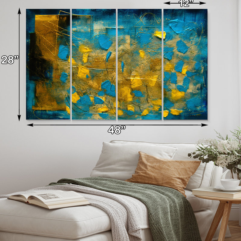 «Lyrical Abstraction in Blue and Yellow I», peinture sur toile tendue 4 pièces
