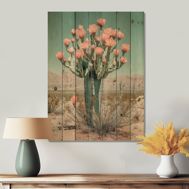 Pastel Cactus Bloom In The Desert I - Floral Cactus Wood Wall Art - On Natural Pine Wood, 44" H x 34" W x 0.78" D