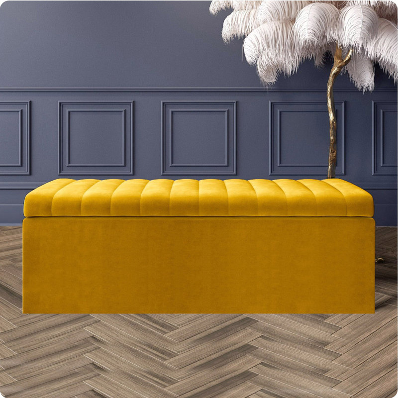 Safar Wide Velvet Rectangle Solid Color Standard Ottoman Box with Storage, Mustard Gold Plush Velvet, 180 cm