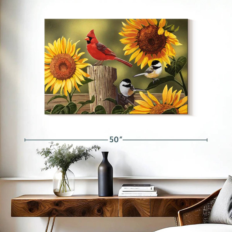 Tournesols Brampt et oiseaux chanteurs, H 26 po x l 39 po