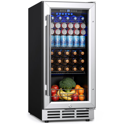 Euhomy 15'' W 3.2 Cu Ft 130 Cans Beverage Refrigerator - Freestanding/Built-In/Under Counter Cooler With Tempered Glass Door & Reversible Handle, Stores Beer, Wine, Drinks