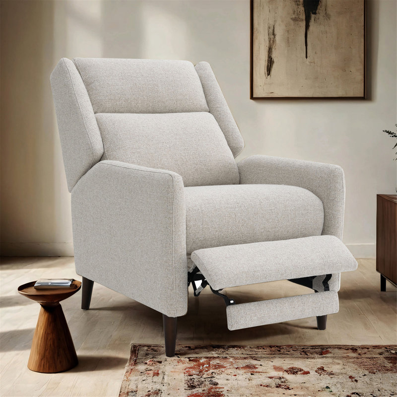 Mid-Century Modern Manual Pushback Recliner with High Back, Textured Linen Fabric, and Tapered Wood Legs for Comfortable Living Room Seating.