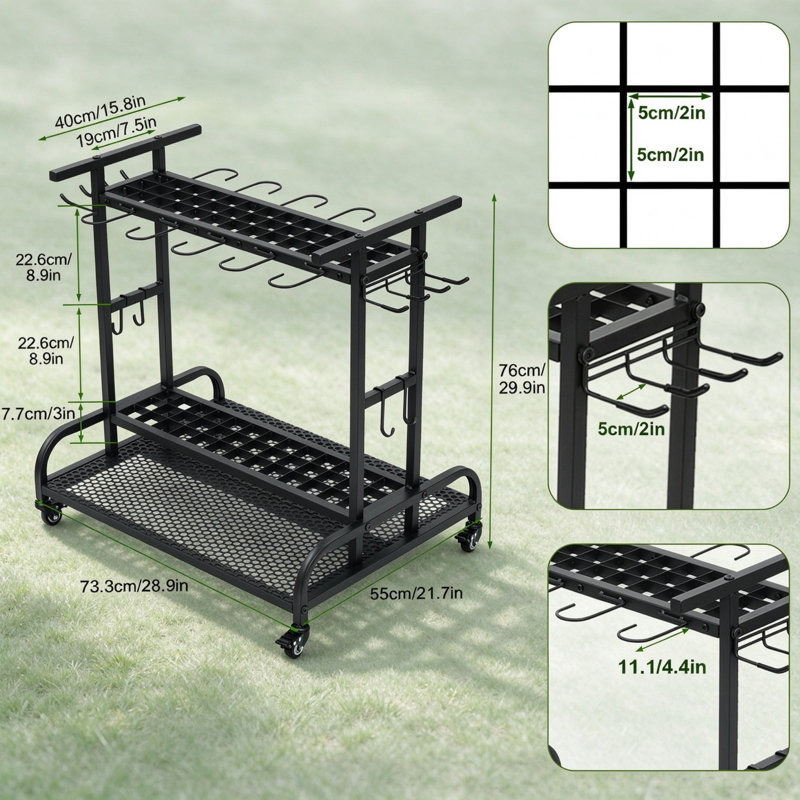 3-Tier Rolling Garden Tool Storage Trolley with 360° Rotating Wheels, Mobile Storage Tower Tool Holder Stand Shelf for Garage, Yard, Lawn, Shed & Workshop