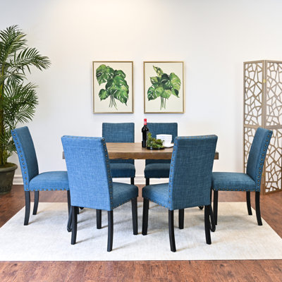 7 tables de salle à manger, y compris une table en épingle à cheveux et 6 chaises, base en bois de pin foncé rustique, base, chaises rembourrées en tissu, avec Aura, matériaux,