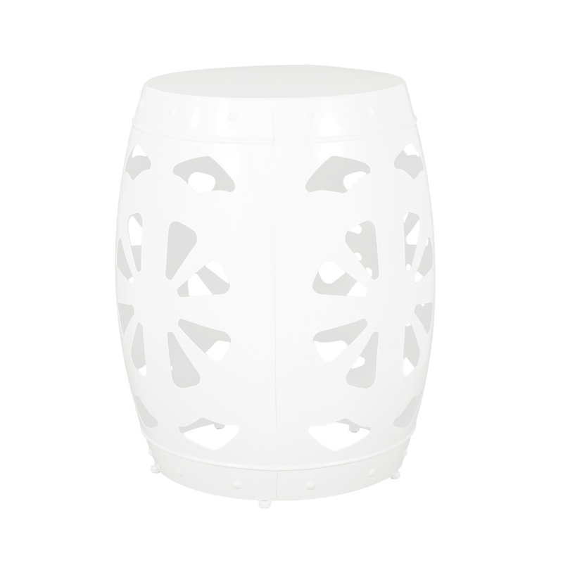 White Iron Side Table - No Assembly, Modern Design Accent With Floral Pattern & Assembly, White