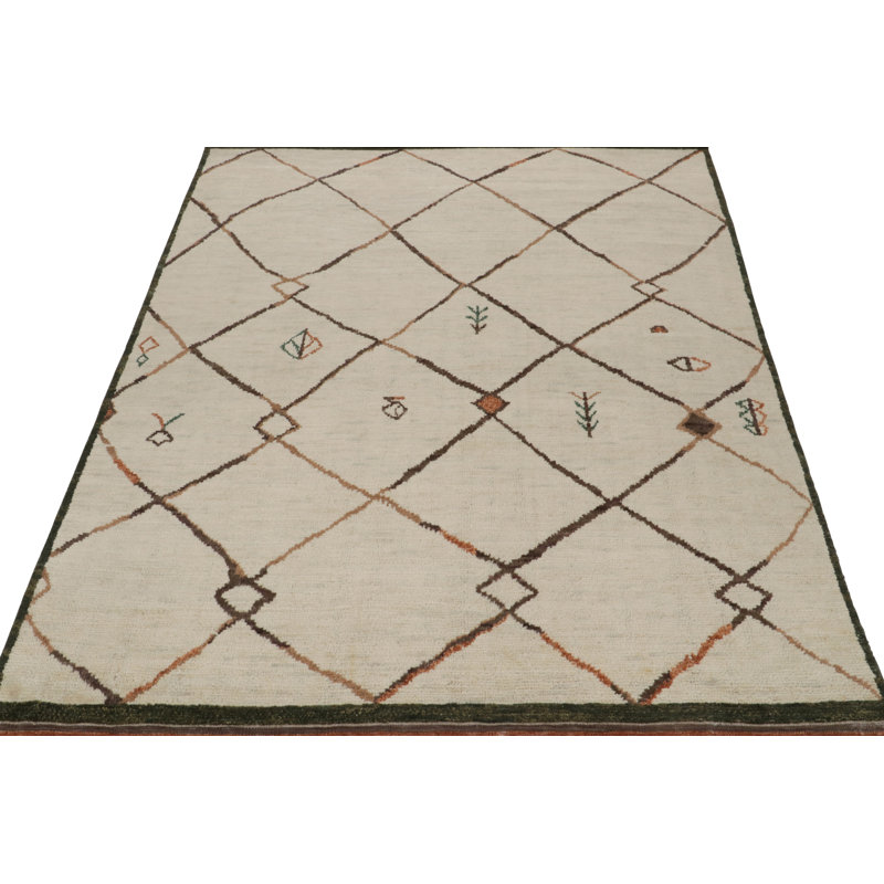 Moroccan Hand Knotted Geometric Area Rug in Brown, Green, Orange, Beige, Rectangle 6' x 9'