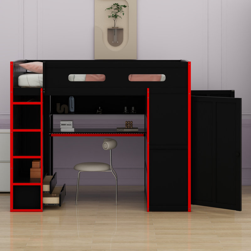 Lit mezzanine en bois avec bureau, garde-robe, grand espace de rangement et lumière DEL RVB, Rouge