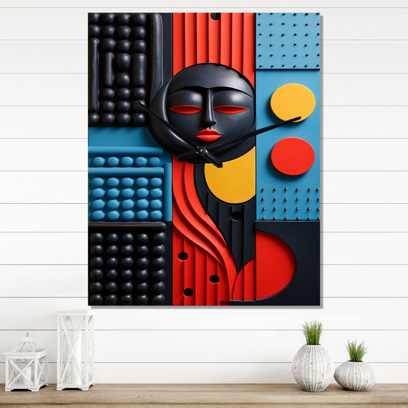 Géométrie rétro en jaune et rouge - Horloges murales géométriques modernes, Grand