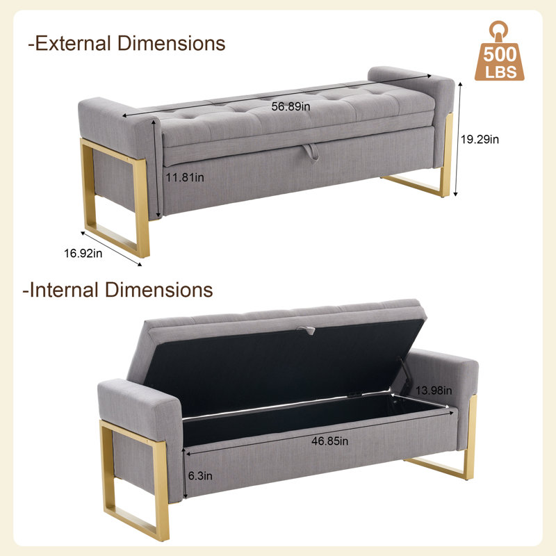 57'' Wide Tufted Rectangle Storage Ottoman, Gray Linen