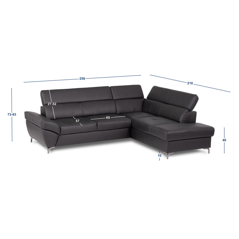 CAPRI Genuine Leather Corner Sofa with Pull-Out Bed and Storage and Adjustable Headrests, Right Hand Facing, Grey