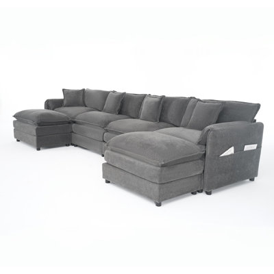 Modular Sectional Sofa, Oversized Deep Seat U Shaped Couch Set For Living Room, 4-Seater Comfy Cloud Couches With 2 Movable Ottomans, DIY Combination, Chenille,Grey