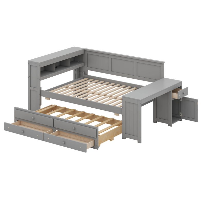 Lit de coin pleine grandeur avec tiroirs de rangement et lit gigogne en L avec bureau, gris