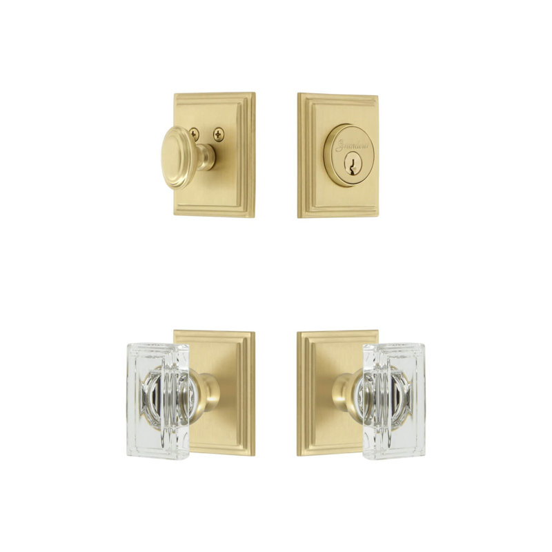 Carre Square Rosette Complete Entry Set with Single Cylinder Deadbolt and Carre Crystal Knob, 2.375", Satin Brass
