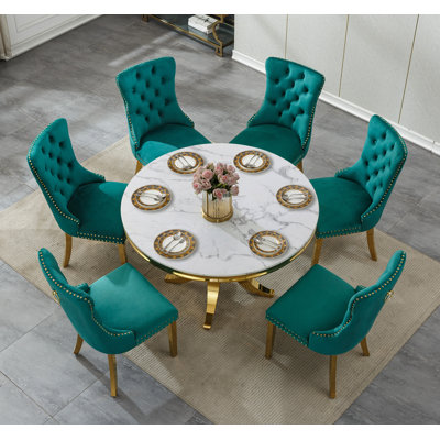 44.88" Round Dining Table Set for , Kitchen Table with Faux Marble Top, Dining Room Table & Velvet Chairs with Stainless Steel Pedestal, Piece Dining Table Set