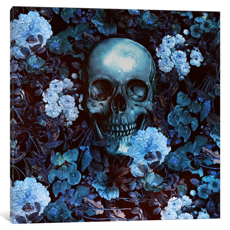 «Skull and Flowers» par Burcu Korkmazyurek, impression sur toile tendue, H 16 po x l 16 po x P 1 po, Blanc