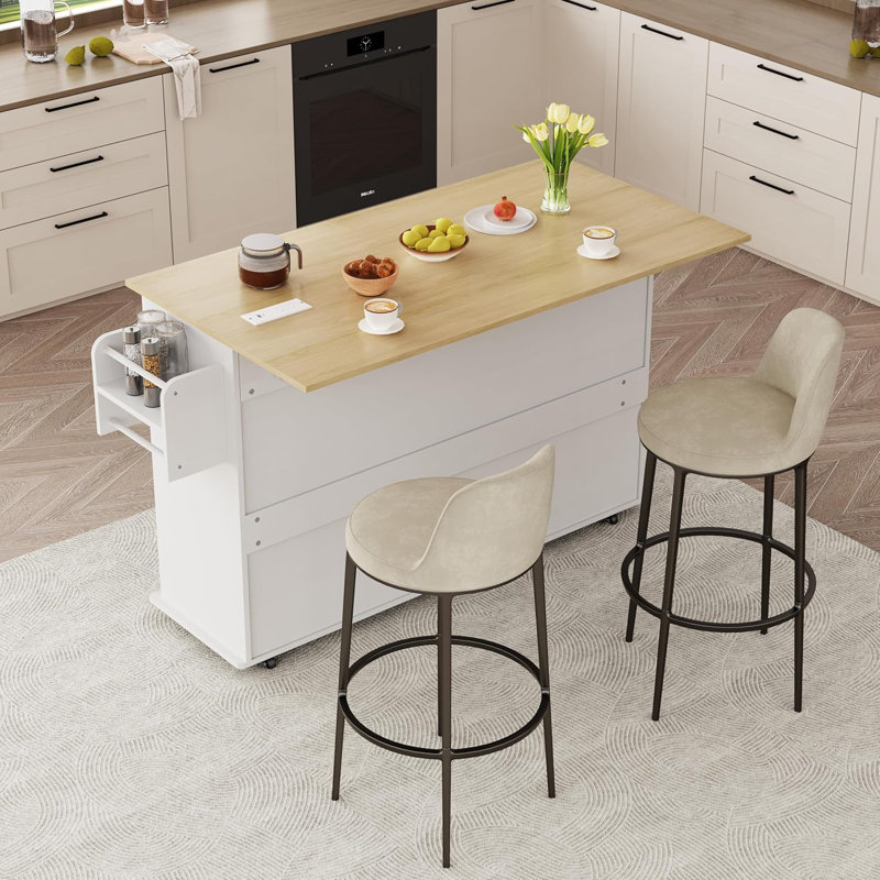 Îlot de cuisine 51 po avec rangement et prise de courant, chariot à îlot de cuisine roulant avec poubelle de rangement, support à épices, porte-serviettes, îlots de cuisine sur roulettes avec rangement, table d'îlot portable pour la cuisine