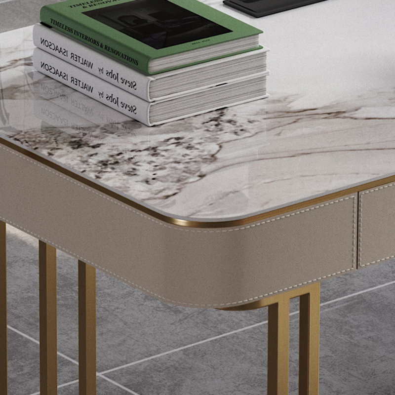 Bureau rectangulaire blanc / blanc + bois doré + bois manufacturé + Barenia avec 6 tiroirs