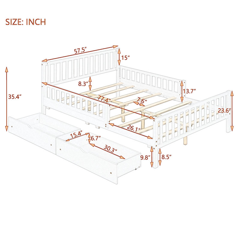 Lit plateforme en bois avec tiroirs de rangement, garde-corps des deux côtés, finition noyer, Lit double