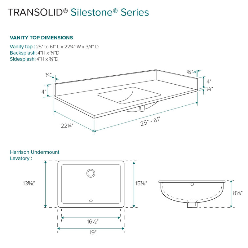 Dessus de meuble-lavabo simple 30,75 avec 1 trou de robinet, Lyra