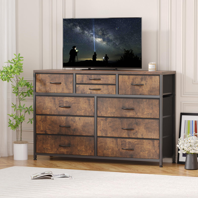 Meuble télé large avec 10 tiroirs, commode en acier avec plateau en bois, Brun