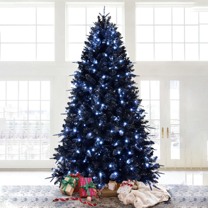 Arbre de Noël noir avec lumières à DEL blanches, arbre artificiel en PE + pointes pour Halloween et décoration des Fêtes, structure à charnières avec support en métal stable