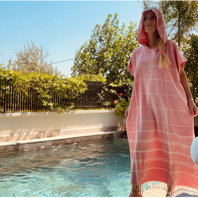 Personalized Hand-Woven Turkish Cotton Hooded Beach Poncho for Adults with Custom Embroidery or Print