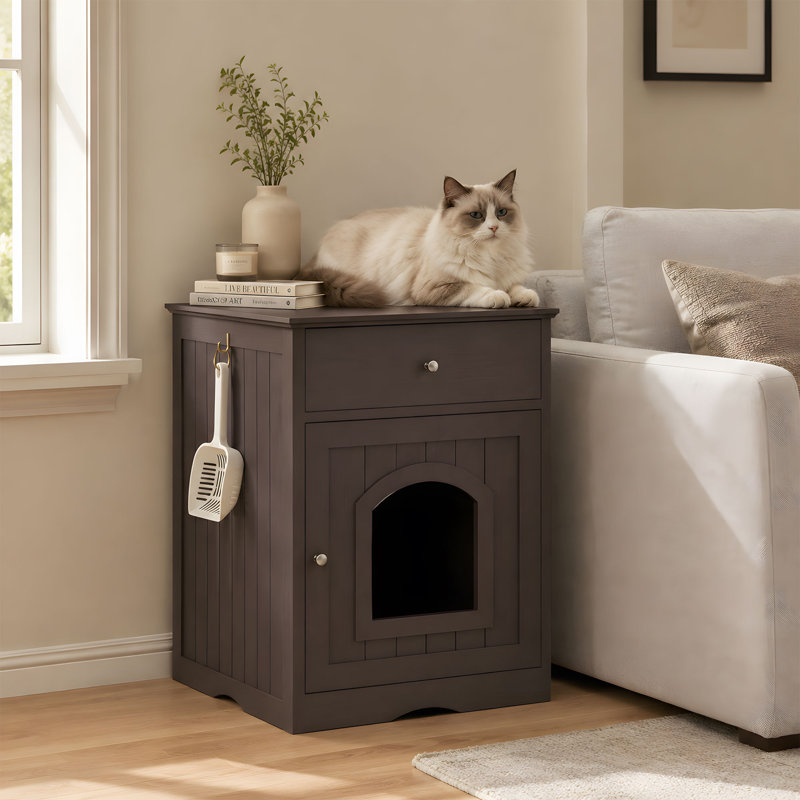 Meuble dissimulant un bac à litière pour chat avec tiroir de rangement et crochet latéral pour pelle, meuble à litière caché, table d'appoint/table de chevet multifonction pour chats d'intérieur