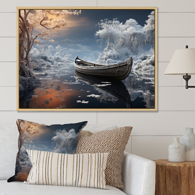 «Winter at the Lake», reproduction sur toile, 24" H x 32" W, Cadre naturel flottant