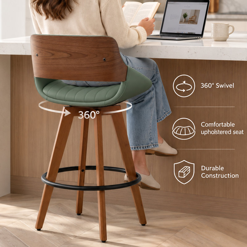 Omar 3-Piece Swivel Upholstered Counter Stool Set, Green
