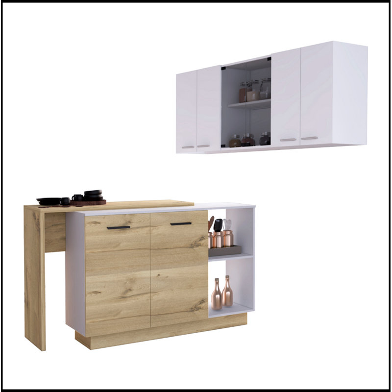 Light Oak 2-Piece Kitchen Set with Island and Wall Cabinet, Ample Storage and Dual-Top Surfaces for Efficient Organization